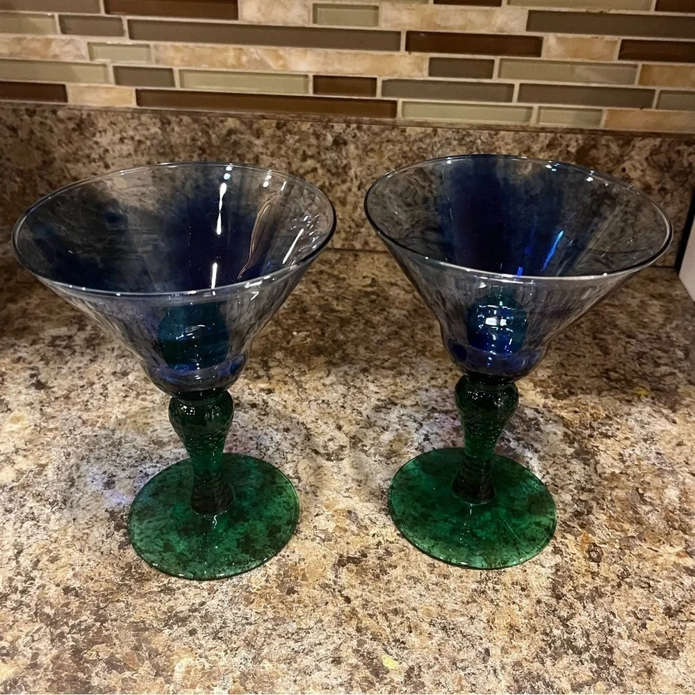 Vintage Libbey Marbleique Blue Swirl and Green Martini Glasses Set of 2